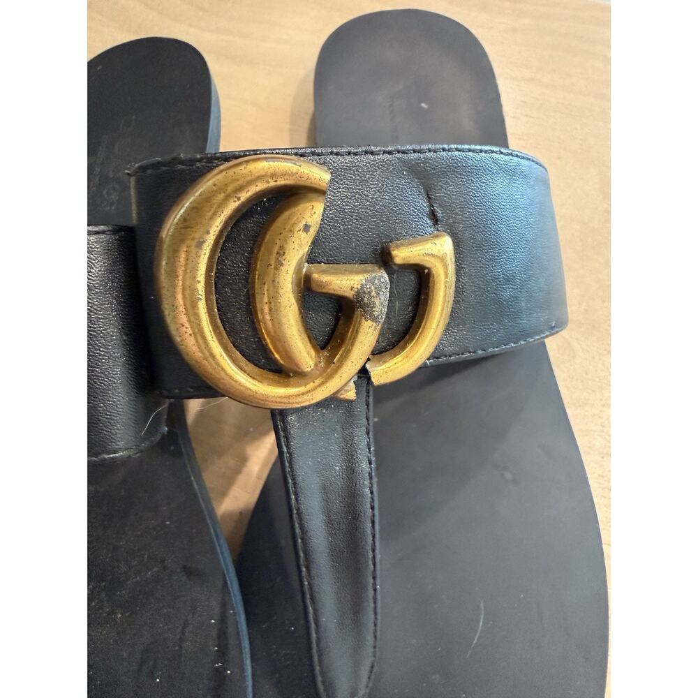 Gucci Marmont GG Women Thong Sandals Black Leather Size 39 US 8.5 Hardware Flaw - Picture 7 of 10